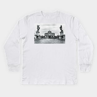 Saint Angel Caste view across Saint Angel Bridge in Rome Kids Long Sleeve T-Shirt